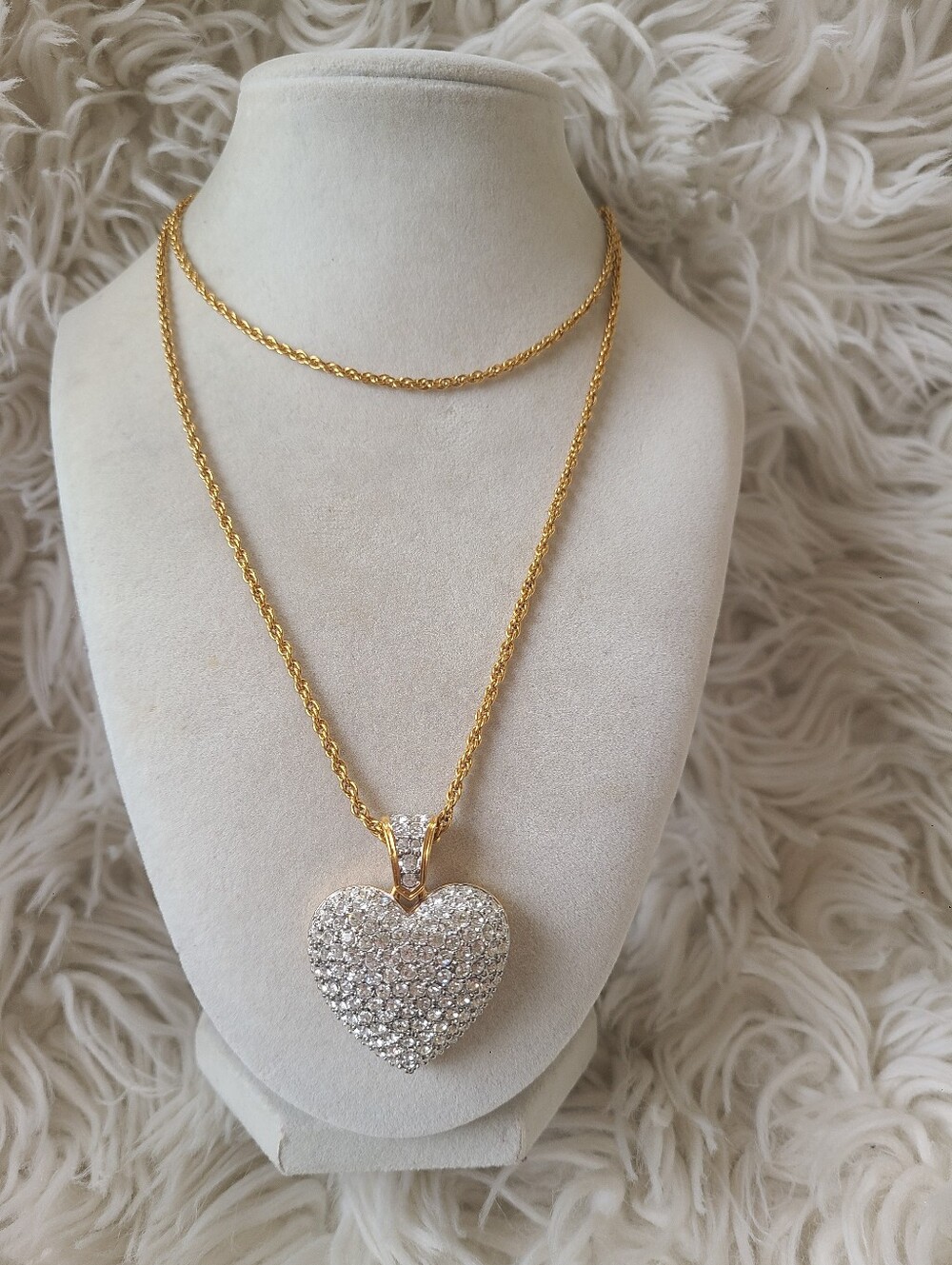 Swarovski Gold-Tone Puffy Heart Pendant Necklace Crystal Pavé-Excellent Conditio